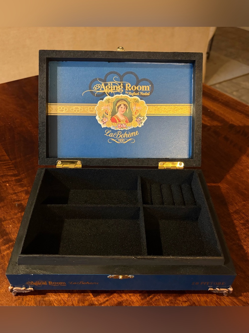 Upcycled Aging Room La Bohème Cigar Box Jewelry Organizer Box, Black Interior